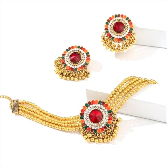 Gold Plated Enamel Red CZ Beaded Tassel Stud Earrings Layered Choker Necklace - Picture 3 of 7